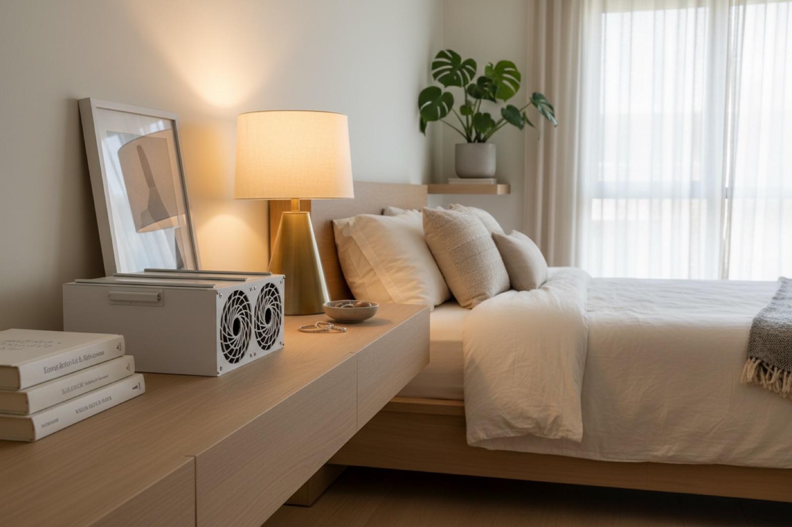 Slim19 mining heater on a nightstand in a bedroom