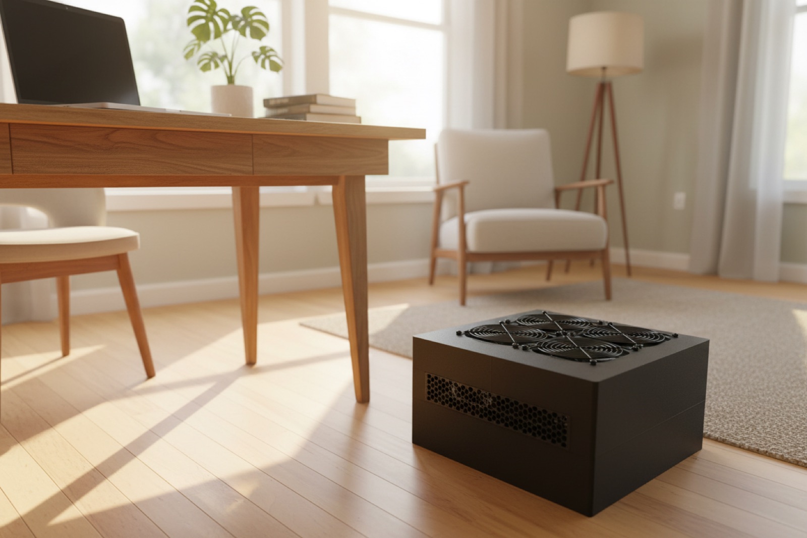 StealthMiner mining heater in a modern living room